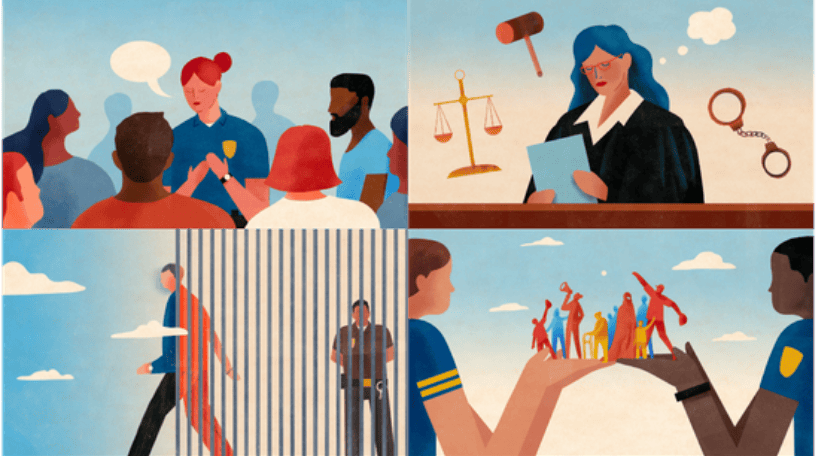 Art montage of law enforcement leaders, public servants, and civilians working together in harmony